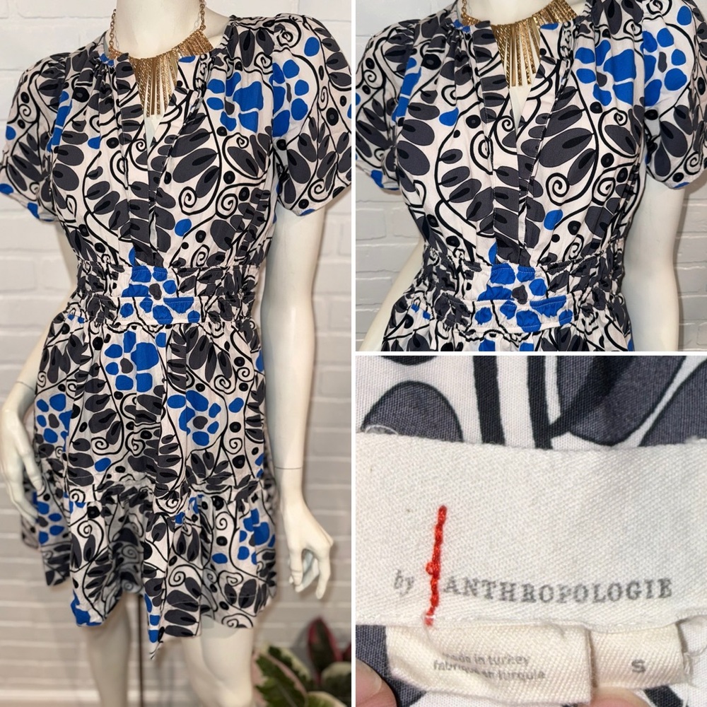 Anthropologie Somerset Dress Black, White & Blue Floral-Print Mini Dress